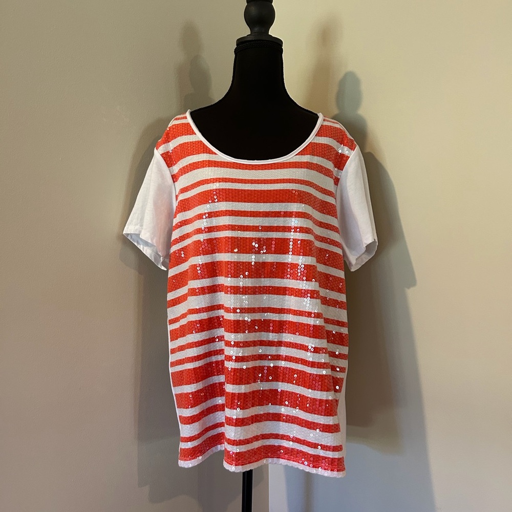Bay Studio Orange and White Striped Sequin Tee